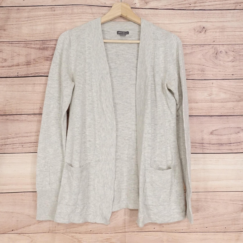 Eddie Bauer Cardigan Sweater Womens XS Gray Beige Open Front Pockets 100% Cotton